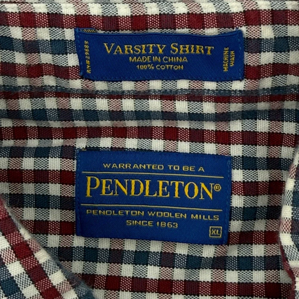 Pendleton Button Down Mens XL Navy Red Gingham Cotton Varsity Shirt